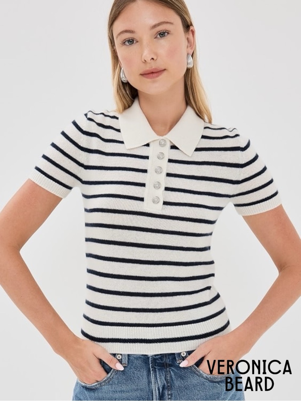 Veronica Beard *NWT* Brandt Stripe Cashmere Polo Short Sleeve Sweater Ivory/Navy